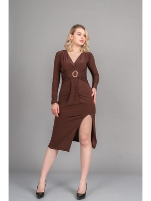 Missvina Aura Kuşaklı Yarı Kruvaze Yırtmaçlı Elbise 50358