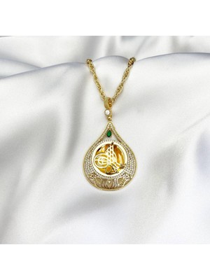 Yeşil Taşlı Gold Damla Tuğra Kolye