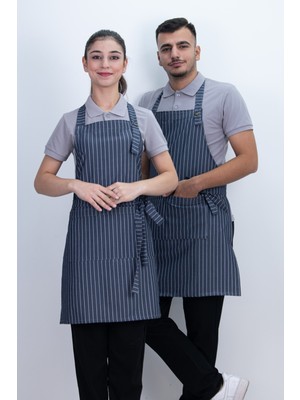 Çizgili Düğmeli Arkadan Ayarlanabilir Cepli Önlük