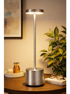 Alastor Şarjlı Masa Lambası Metal Abajur Dokunmatik 3 Işık Parlaklık Ayarlı Gece Masa Üstü Lamba Gri 704