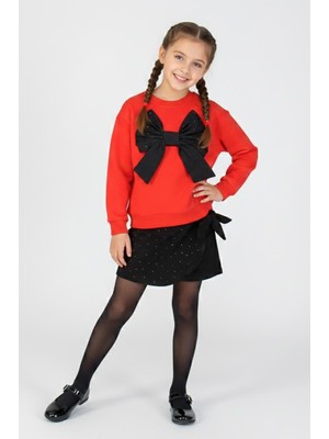 Dmb Kids Kız Çocuk Önü Fiyonklu Taşlı Kot Şort Etekli Bayramlık Takım