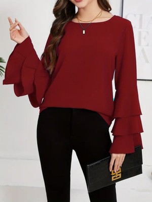 Evyora Kadın Uzun Kollu Bisiklet Yaka Kollar Ispanyol Volanlı Sandy Bluz