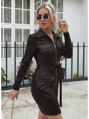 Arben Boutique Kadın Uzun Kollu Yakalı Cepli Önü Fermuarlı Koyu Kahve Mini Deri Elbise