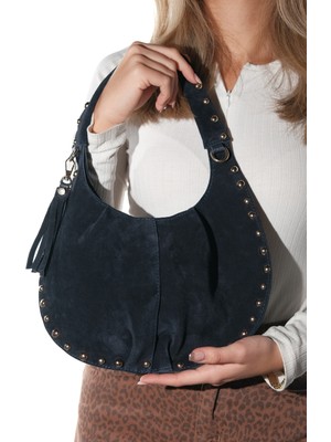 Luvi Antıno Lacivert Süet Hakiki Deri Troklu Kadın Kol Çantası