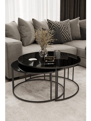 Home Plus Mobilya Yavrulu 1+1 Orta Sehpa  Siyah Ayak Siyah Ayna