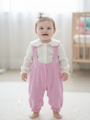 Necix's Laura Baby Pembe Müslin Puantiyeli Kız Bebek Çocuk Tulum