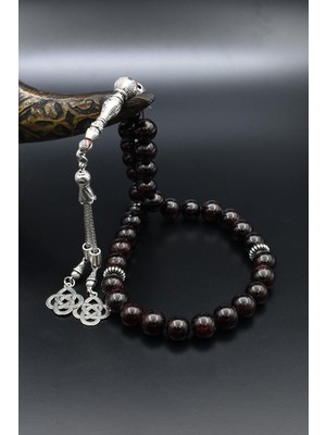 Prestige Gümüş Doğal Garnet Taşlı 33'lük Tesbih Metal Püsküllü 10MM Küre Kesim 902511