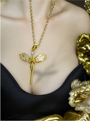 Herşey Nota Gold Renk Zirkon Taşlı Melek Model Kadın Kolye – 55 cm Paslanmaz Çelik, Zarif ve Anlamlı Tasarım