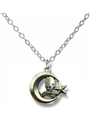 Ay Yıldız ve Atatürk Silüeti Figürlü Kolye – Gümüş Renk Unisex Metal Takı
