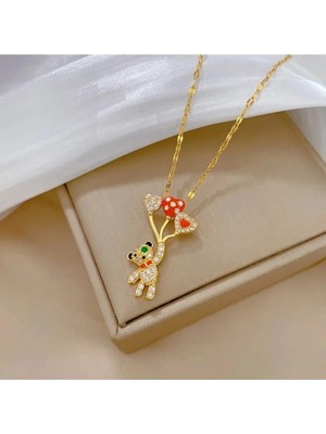 Herşey Nota Ayıcık Kalp Figürlü Taşlı Kadın Kolye – Paslanmaz Çelik Sevimli Tasarım