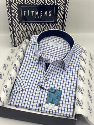 Fitmens Klasik Kısa Kol Kareli Hediye Kutulu Erkek Gömlek FS-004156 - Beyaz Saks Mavi