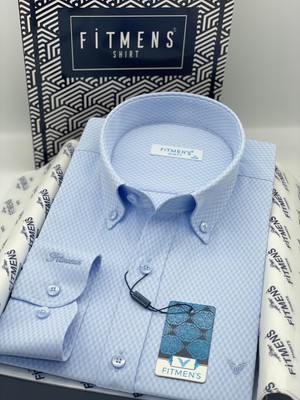 Fitmens Slim Fit Uzun Kol Baklava Desen Kol Nakışlı Yaka Düğmeli Hediye Kutulu Şık Erkek Gömlek FS-004200 - Mavi