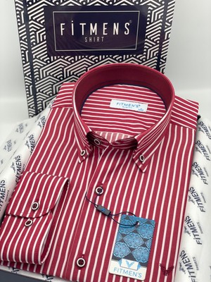 Fitmens Slim Fit Uzun Kol Premium Kalın Çizgili Yaka Düğmeli Hediye Kutulu Kolay Ütülenebilir Erkek Gömlek FS-001375 - Bordo
