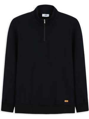 Kiğılı Siyah Yarım Balıkçı Yaka Regular Fit Erkek Pamuklu Sweatshirt Fermuarlı Cepsiz