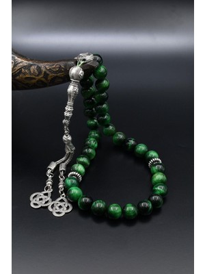 Prestige Gümüş Doğal Yeşil Kaplan Gözü Taşlı 33'lük Tesbih Metal Püsküllü 10MM Küre Kesim 902515