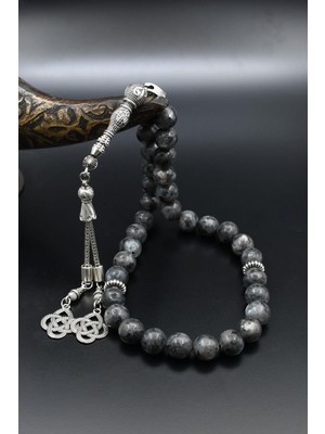 Prestige Gümüş Doğal Larvikite (Larvakit) Taşlı 33'lük Tesbih Metal Püsküllü 10MM Küre Kesim 902519