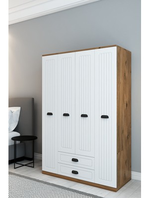 İzco Design Country Model 4 Kapaklı 2 Çekmeceli Gardırop - Mdf Membran Kapak | 180 cm Çok Amaçlı Elbise Dolabı