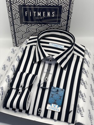 Fitmens Klasik Uzun Kol Çizgili Cepsiz Yaka Alttan Düğmeli Likralı Hediye Kutulu Erkek Gömlek FS-003175 - Siyah Beyaz