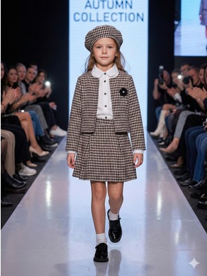 tinytrends Kız Çocuk Kazayağı Desenli Pamuklu Ceket Gömlek Etek Bere 4'lü Takım Elbise (Külotlu Çorap Hediyeli)