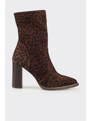 Elle Kahve Hayvan Desenli Deri Kadın Yüksek Topuk Bot