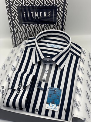 Fitmens Klasik Uzun Kol Çizgili Cepsiz Yaka Alttan Düğmeli Likralı Hediye Kutulu Erkek Gömlek FS-003175 - Lacivert Beyaz