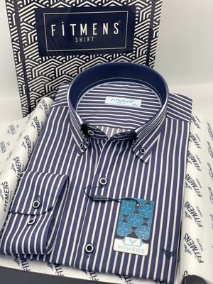 Fitmens Slim Fit Uzun Kol Premium Kalın Çizgili Yaka Düğmeli Hediye Kutulu Kolay Ütülenebilir Erkek Gömlek FS-001375 - Lacivert
