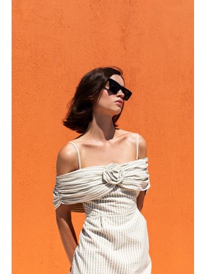 Kameya Gül Detay Çizgili Elbise 25S40731