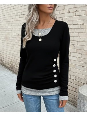 Janes Kadın Uzun Kollu Yuvarlak Yaka Blok Renkli Yandan Düğmeli Viskon Bluz