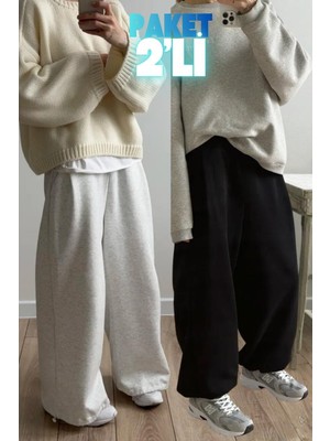 Vladivosto 2 Iplik Stoperli Kadın Bol Paça Yüksek Bel Oversize Baggy Eşofman Altı