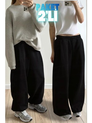 Vladivosto 2 Iplik Stoperli Kadın Bol Paça Yüksek Bel Oversize Baggy Eşofman Altı