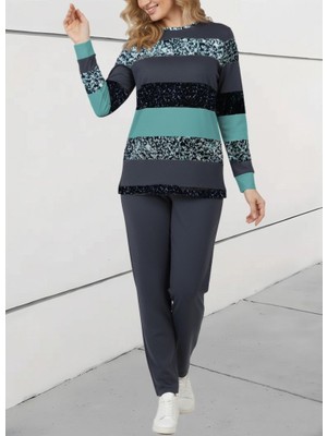 Janes Kadın Uzun Kollu Bisiklet Yaka Çizgili Desen Iki Iplik Bluz ve Pantolon Ikili Takım