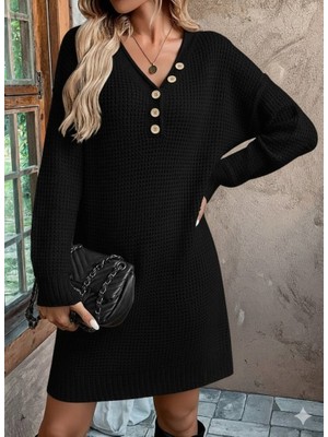 Janes Kadın Uzun Kollu V Yakalı Düğmeli Mini Triko Elbise
