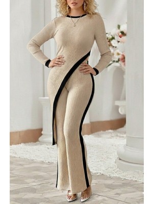 Janes Kadın Uzun Kollu Bisiklet Yaka Asimetrik Kesim Bluz Şardonlu Kaşkorse Bluz ve Pantolon Ikili Takım