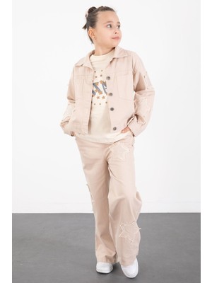 Cansın Mini Krem Kolları Star Taşlı Jean Ceketli Kız Çocuk 3lü Alt Üst Takım 23425