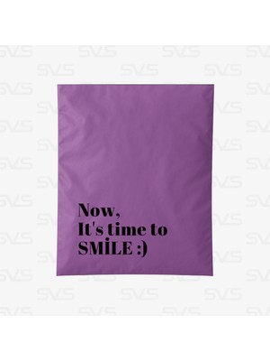 Svs Etiket Plastik Now, It's time to SMİLE :) Baskılı Cepli Lila Kargo Poşeti - 25x30+5 / 100 Adet