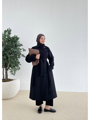 Moda Aksa Premium Ithal Kaşe Kaban Dik Yaka Siyah