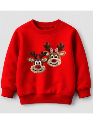 Efendioğlu Design Sweatshirt 2 Geyik Nakış Görüntü Baskılı Yılbaşı Yeni Yıl Pamuklu 3 Iplik Şardonsuz Çocuk Sweat