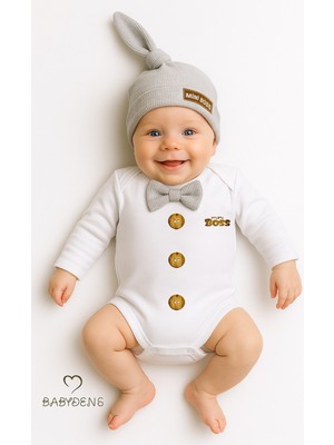 Babyden's Minik Patron Erkek Bebek Uzun Kollu Çıtçıtlı Body ve Bere Seti Düğme Baskılı, Papyonlu %100 Pamuklu