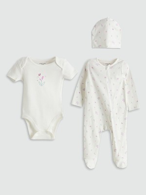 LC Waikiki Baby Ekru Çiçekli Kız Bebek Hastane Çıkış Seti