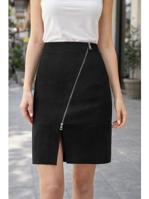 Mare Butik Fermuar Detaylı Nubuk Kalem Etek Xl - Siyah