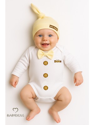 Babyden's Minik Patron Erkek Bebek Uzun Kollu Çıtçıtlı Body ve Bere Seti Düğme Baskılı, Papyonlu %100 Pamuklu