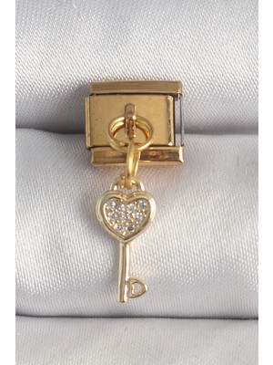 Senson 316L Çelik Gold Renk Sallantı Zirkon Taşlı Kalpli Anahtar Model Nomination Charm - Lisinya