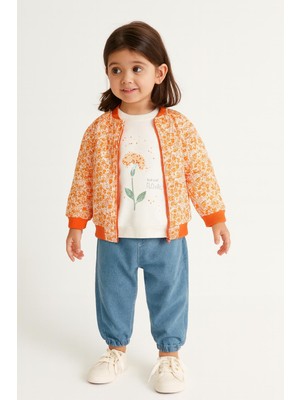 Lina Baby Bloom Unisex Kahverengi ve Turuncu Kapitone Ceket Tişört ve Balon Pantolon 3'lü Takım Set