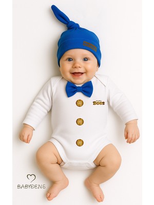 Babyden's Minik Patron Erkek Bebek Uzun Kollu Çıtçıtlı Body ve Bere Seti Düğme Baskılı, Papyonlu %100 Pamuklu