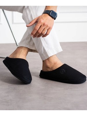 Redtan Siyah Erkek Ev Terliği | Ortopedik | Yumuşak Tabanlı | Içi Kürklü Damat Terliği & Çeyizlik