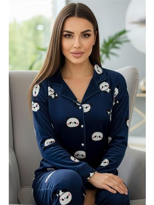 Lacivert Pengiu Desenli Exclusive Önden Düğmeli Kadife Kadın Pijama Takımı