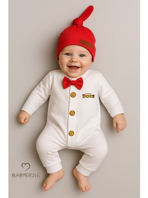 Babyden's Minik Patron Erkek Bebek Düğmeli Tulum ve Bere Seti – Papyonlu,manşetli Paça, %100 Pamuk Bebek Tulum