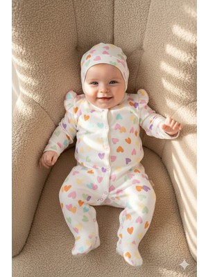 Miniday Kız Bebek Baskılı Tulum Şapkalı Kalpli