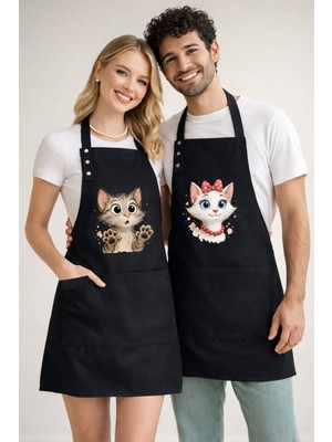 Hulganz Mutfak Önlüğü Seti 2'li Leke Tutmaz Su Itici Kumaş Solmaz Baskı Şef Kedicik Desenli Çift Önlük Çeyiz Hediye Çiftönlük