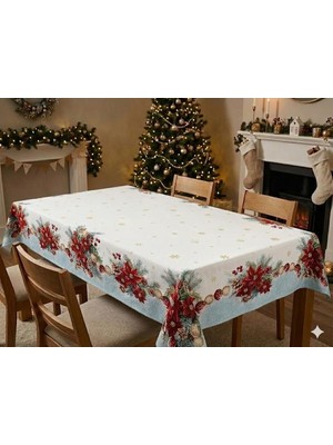 BELIEVE KIRMIZI YILBAŞI ÇİÇEĞİ SÜSÜ JAKARLI DOKUMA GOBLEN DEKORATİF SİMLİ MASA ÖRTÜSÜ 140*195